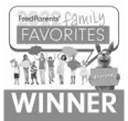 Grayscale award badge for 'FredParents' 2022 Family Favorites Winner,' featuring a group of people and a cartoon kangaroo mascot