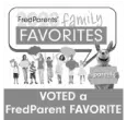 Grayscale award badge for 'FredParents' 2023 Family Favorites,' featuring the text 'VOTED a FredParent FAVORITE' and a cartoon kangaroo mascot
