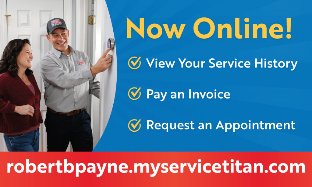 Robert B. Payne online service portal graphic | Robert B. Payne A promotional graphic for Robert B. Payne showing a technician adjusting a smart thermostat for a customer, alongside text promoting online services like viewing history, paying invoices, and requesting appointments
