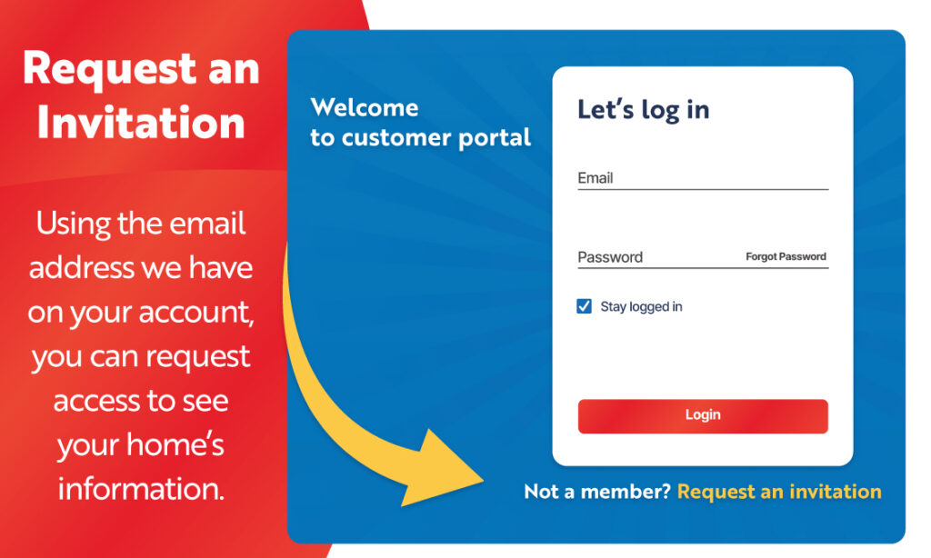Robert B. Payne customer portal login and "Request an Invitation" screen | Robert B. Payne A login screen for the Robert B. Payne customer portal featuring a login box for email and password, with a side panel explaining how to request an invitation to access home information