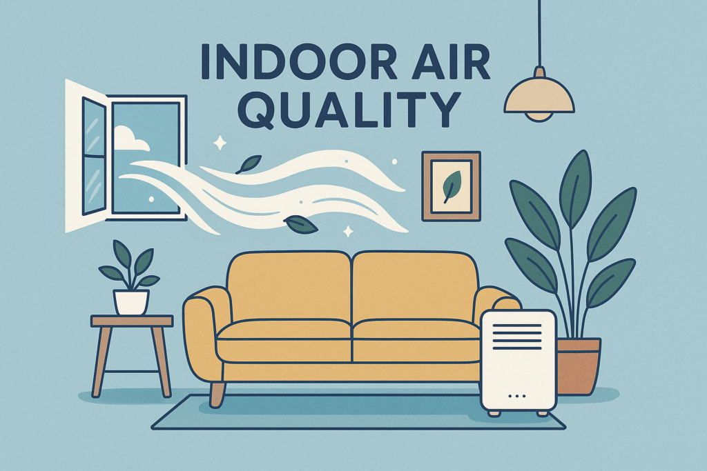 An illustration of a living room under the text "INDOOR AIR QUALITY" | Robert B. Payne An illustration of a living room with an open window showing fresh air flowing in, indoor plants, and an air purifier, under the text "INDOOR AIR QUALITY"